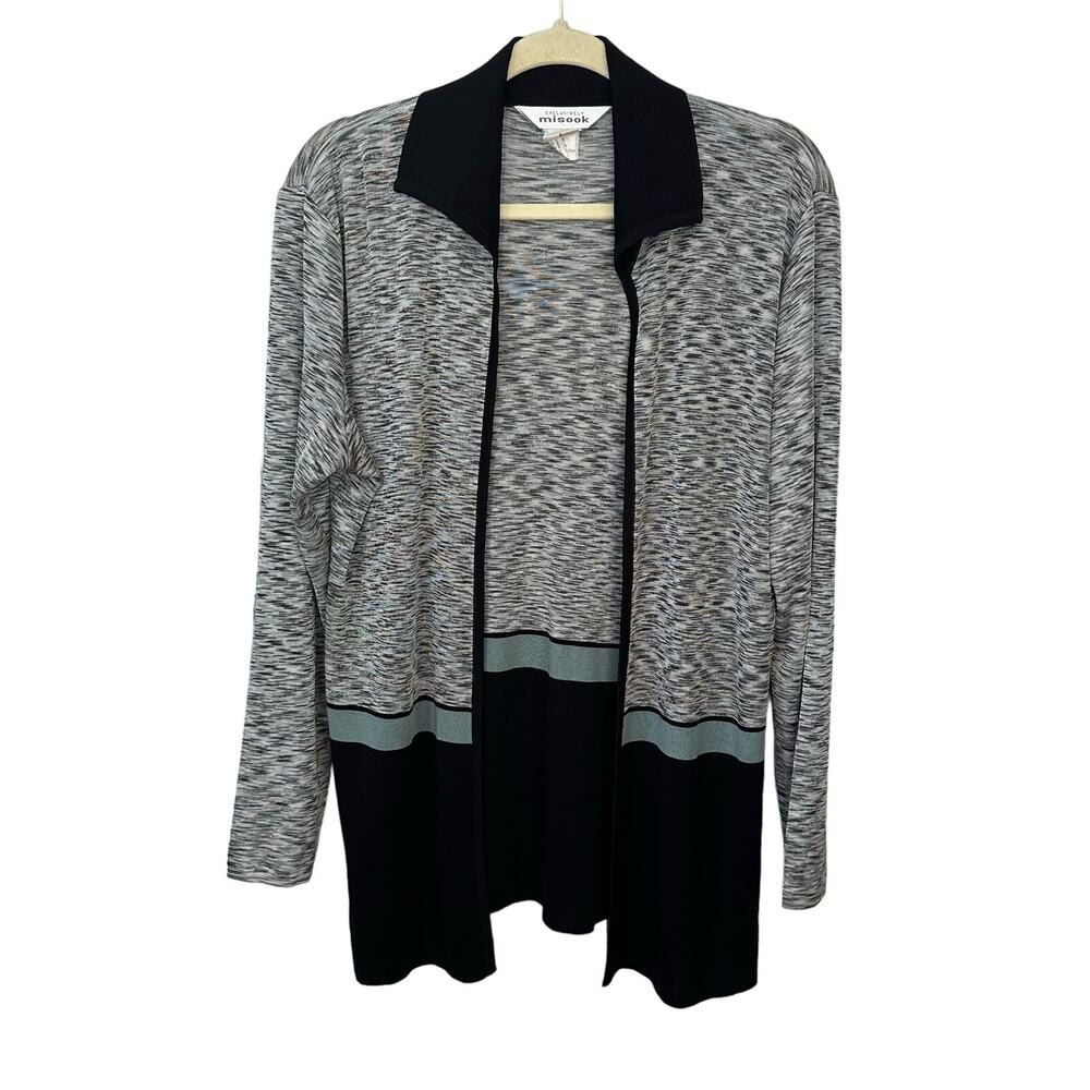 Exclusively Misook Cardigan Open Front Womens Large Space‎ Dye Gray Black Career